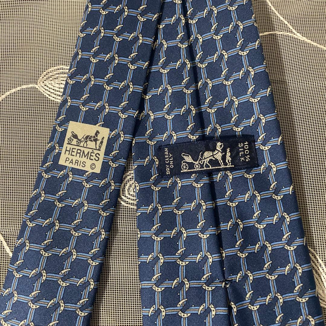 新品未使用 HERMES ネクタイ ネイビーブルー シルク100% チェーン