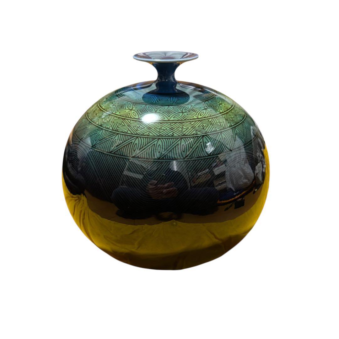 人間国宝 三代徳田八十吉 九谷焼 碧明釉 壺 共箱付