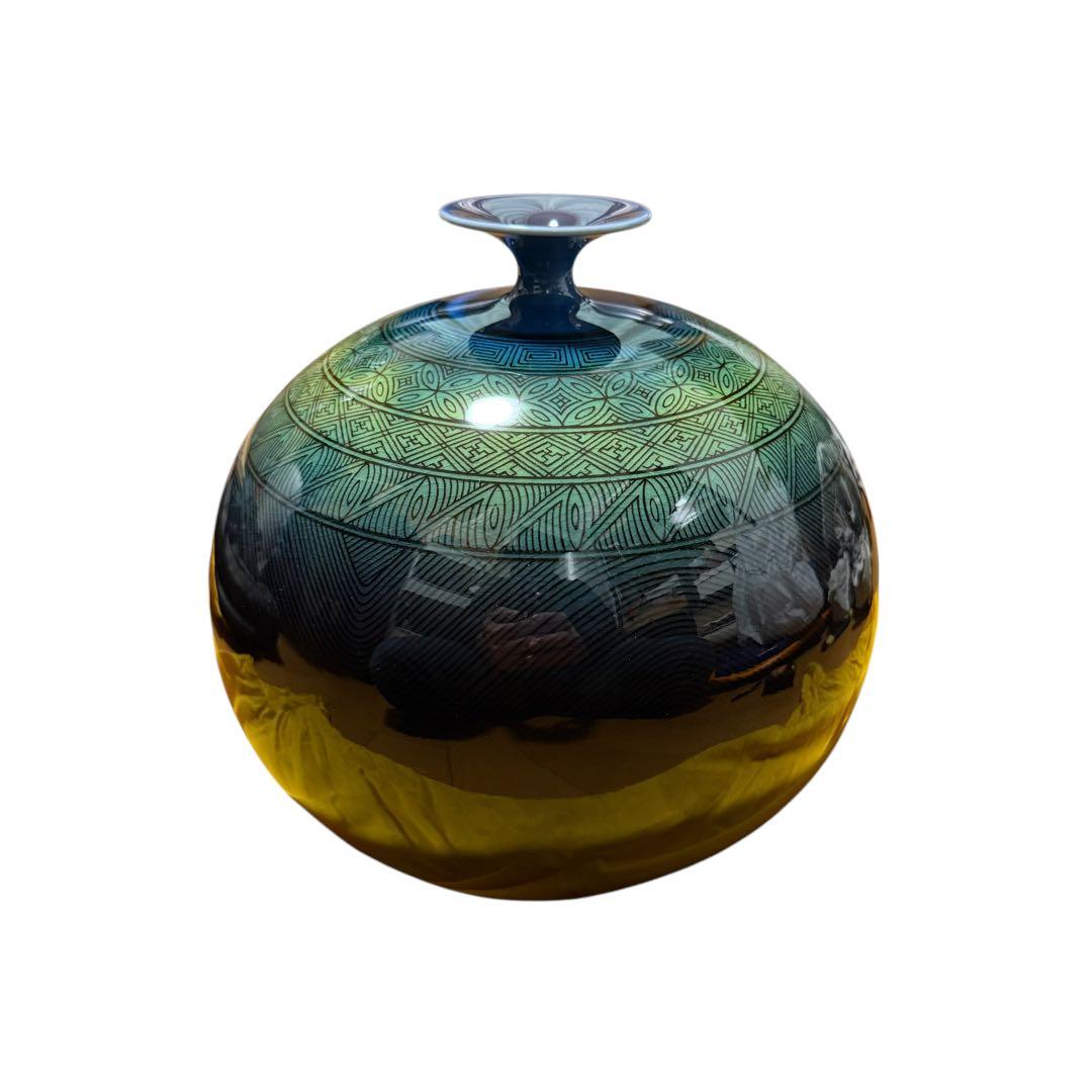 人間国宝 三代徳田八十吉 九谷焼 碧明釉 壺 共箱付