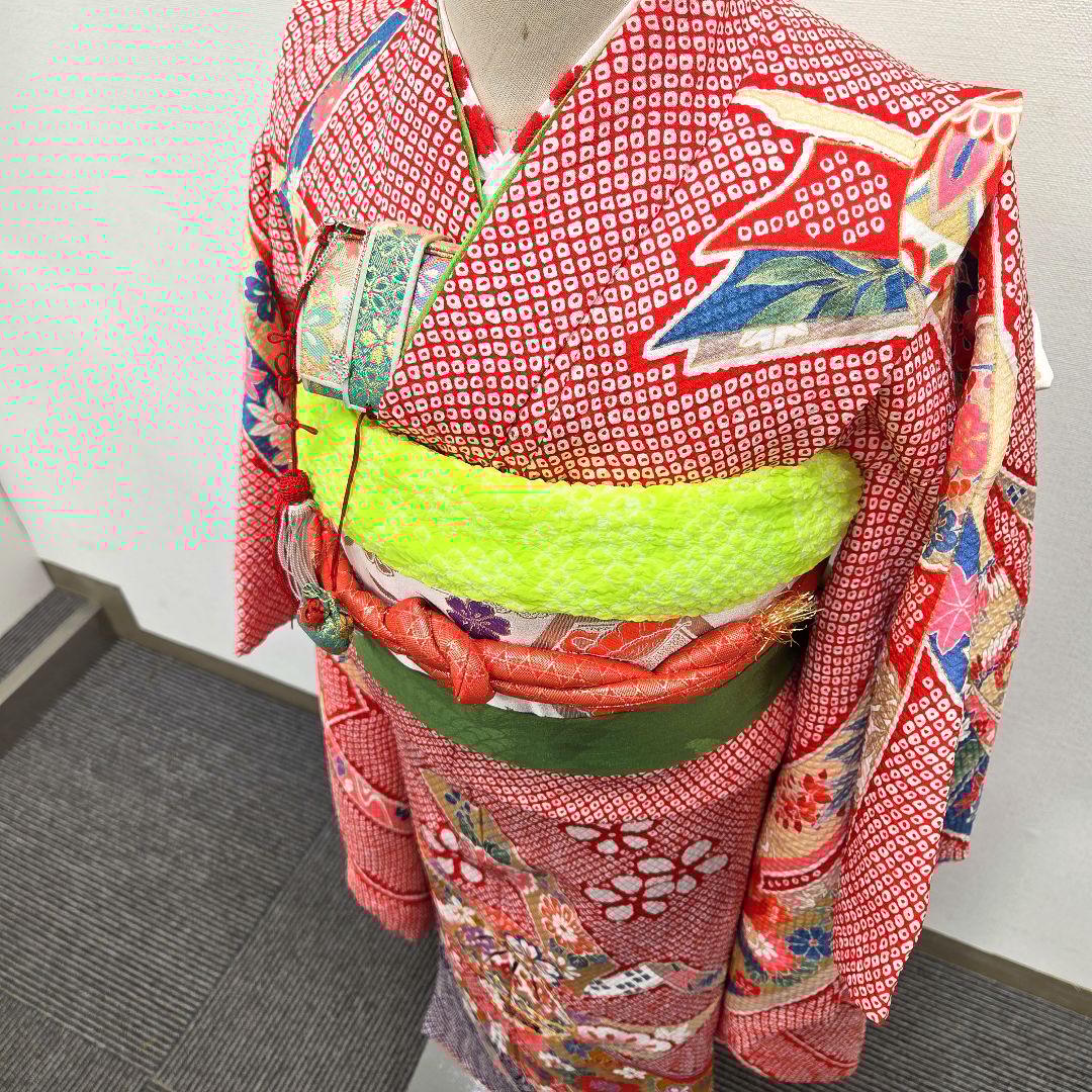 七五三　7歳　120cm　赤　ポリエステル　袋帯　髪飾り