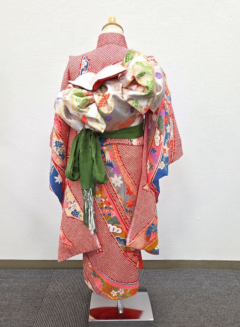 七五三　7歳　120cm　赤　ポリエステル　袋帯　髪飾り