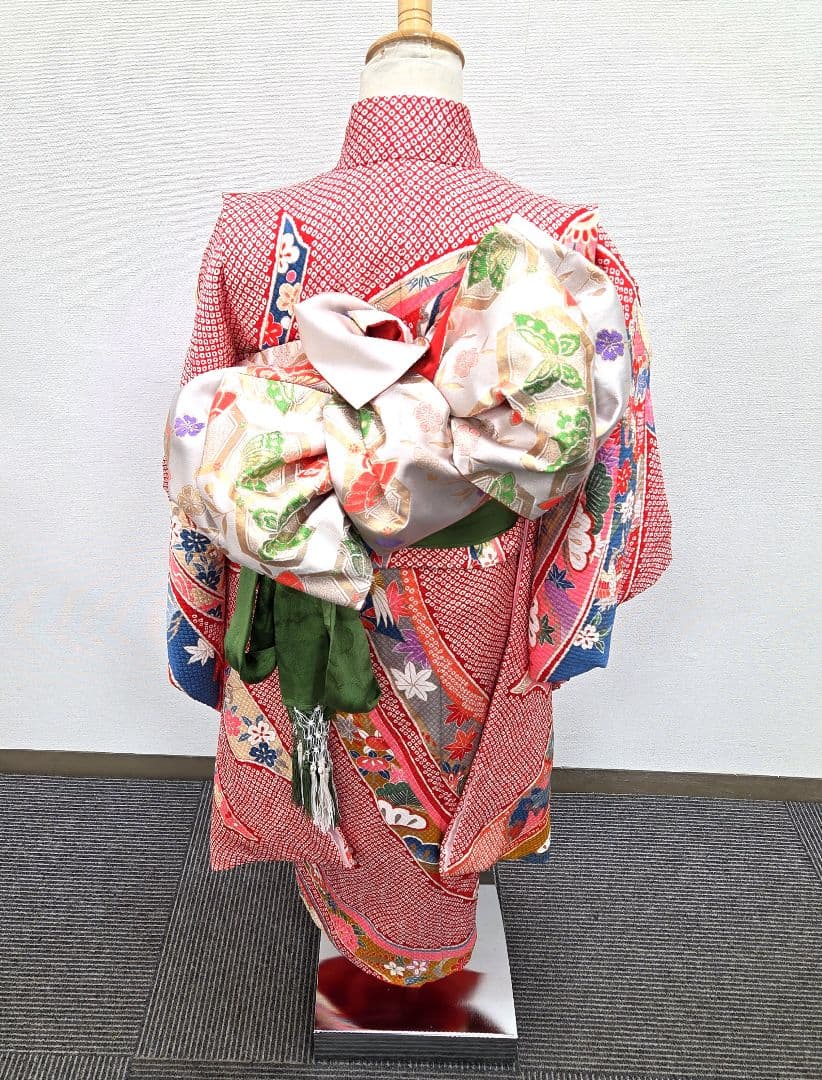 七五三　7歳　120cm　赤　ポリエステル　袋帯　髪飾り