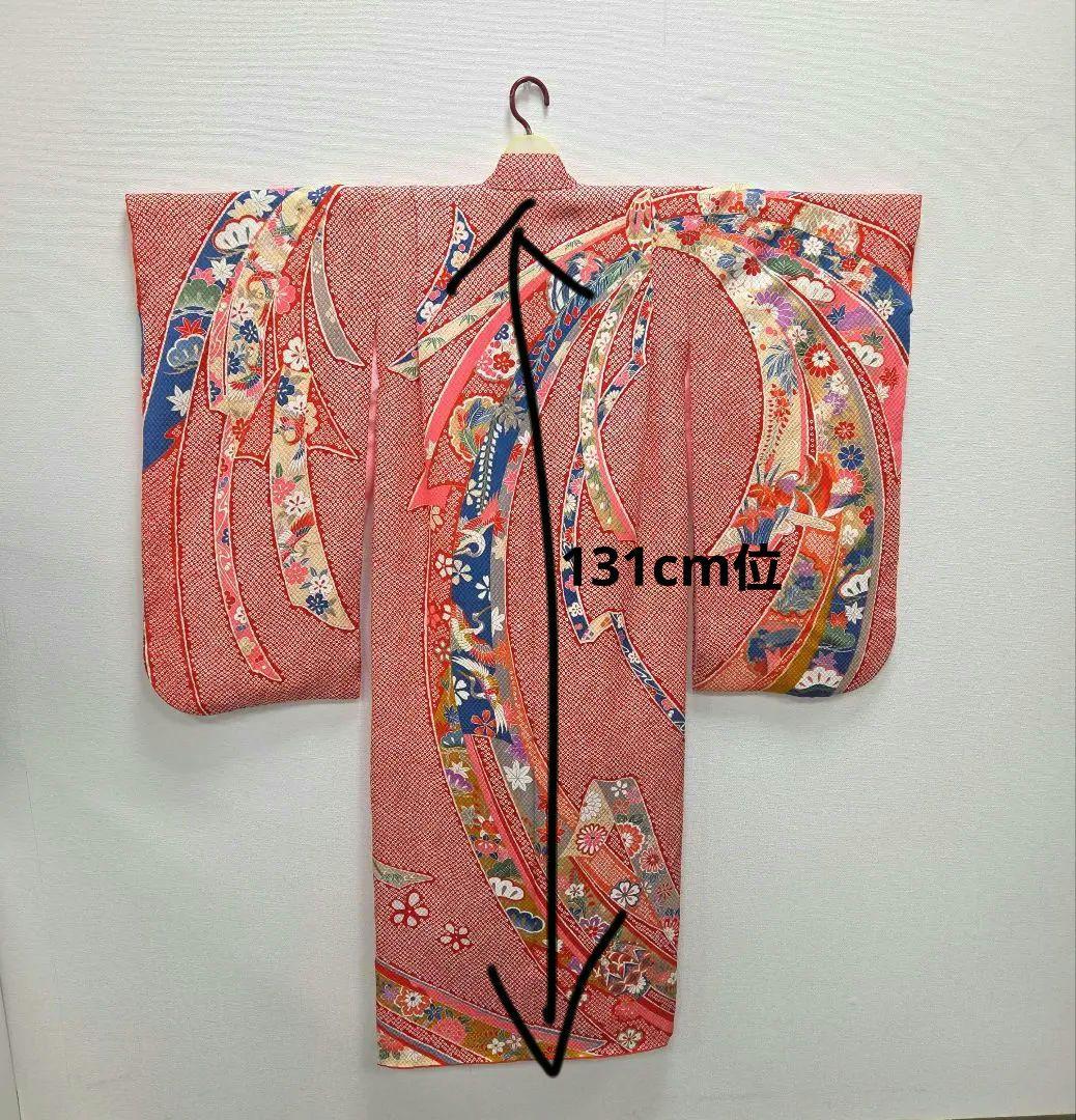 七五三　7歳　120cm　赤　ポリエステル　袋帯　髪飾り