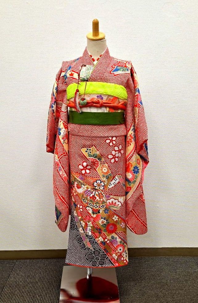 七五三　7歳　120cm　赤　ポリエステル　袋帯　髪飾り