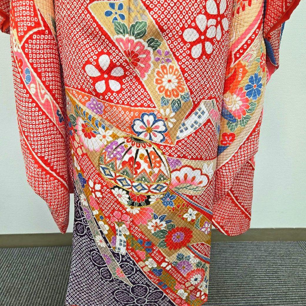 七五三　7歳　120cm　赤　ポリエステル　袋帯　髪飾り