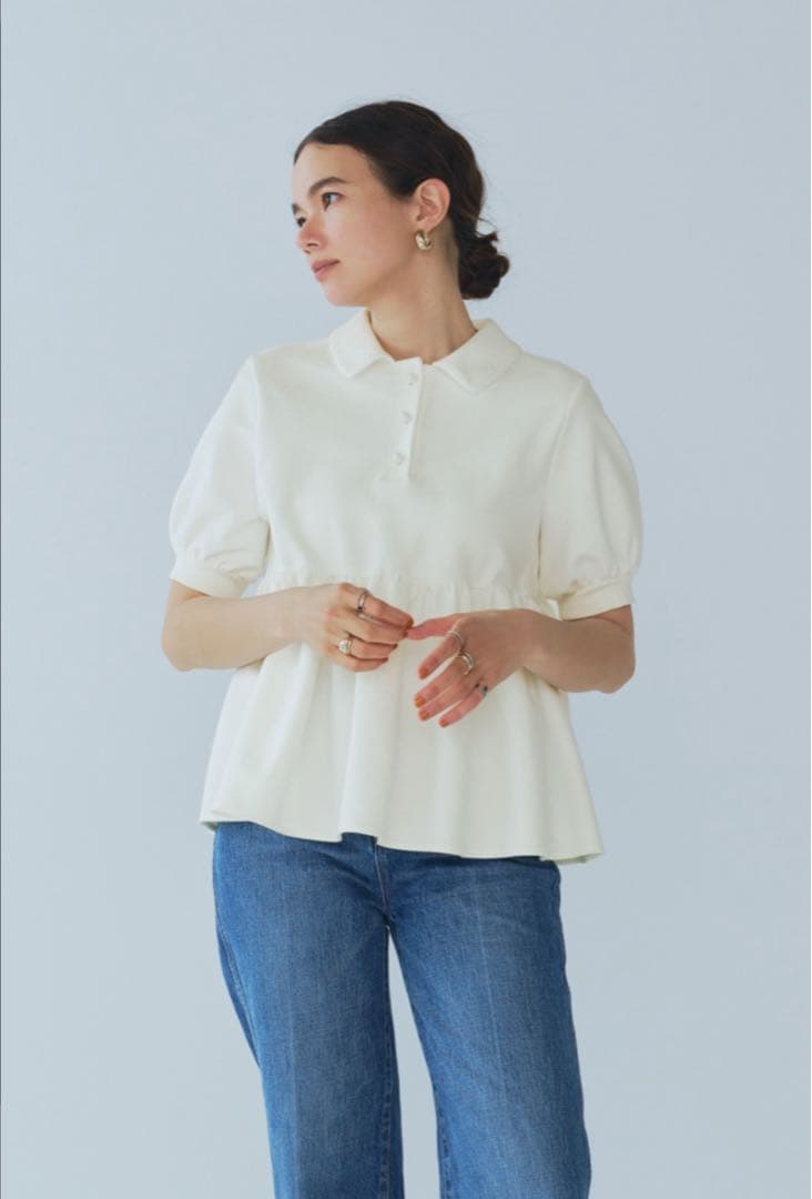 【試着のみ】yoriオーガニックコットンパイルポロカットソー　ホワイト・38