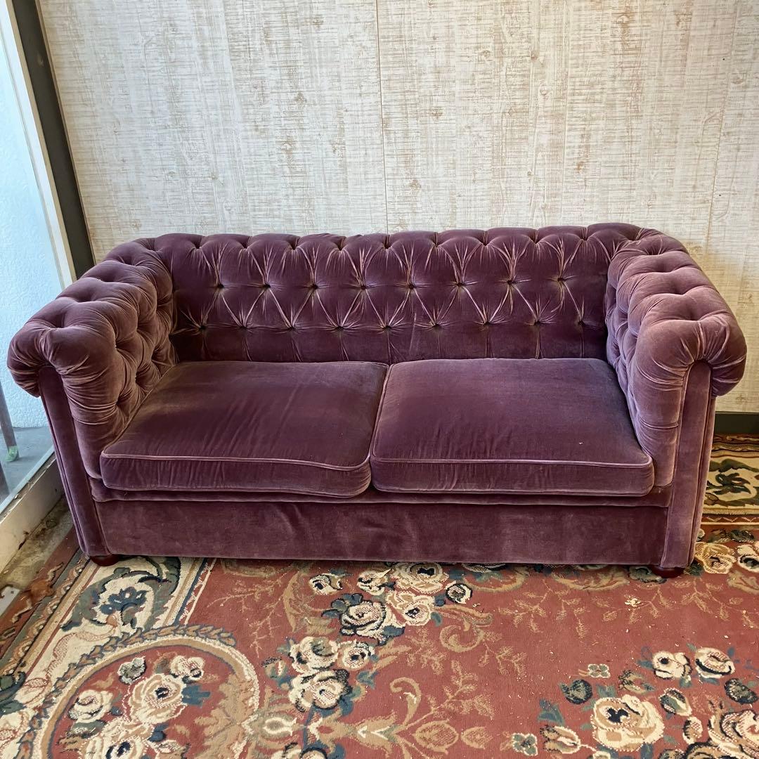 昭和レトロ マルニ木工 ボタン留めベロアソファー 二人掛けソファー アームチェア