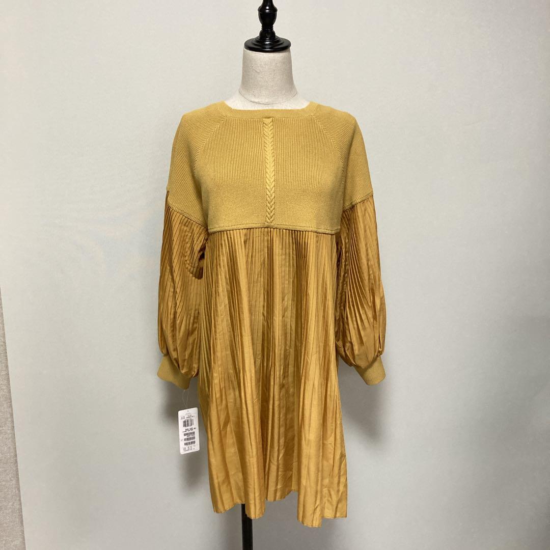 【未使用タグ付き】レリアン　近年タグ　長袖ニット　切り替え　プリーツ　イエロー