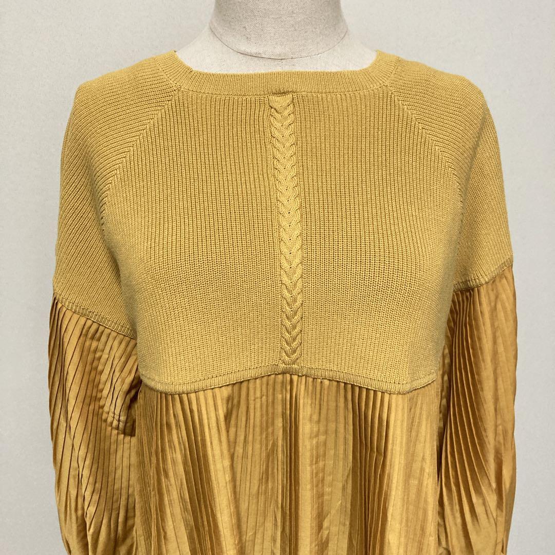 【未使用タグ付き】レリアン　近年タグ　長袖ニット　切り替え　プリーツ　イエロー