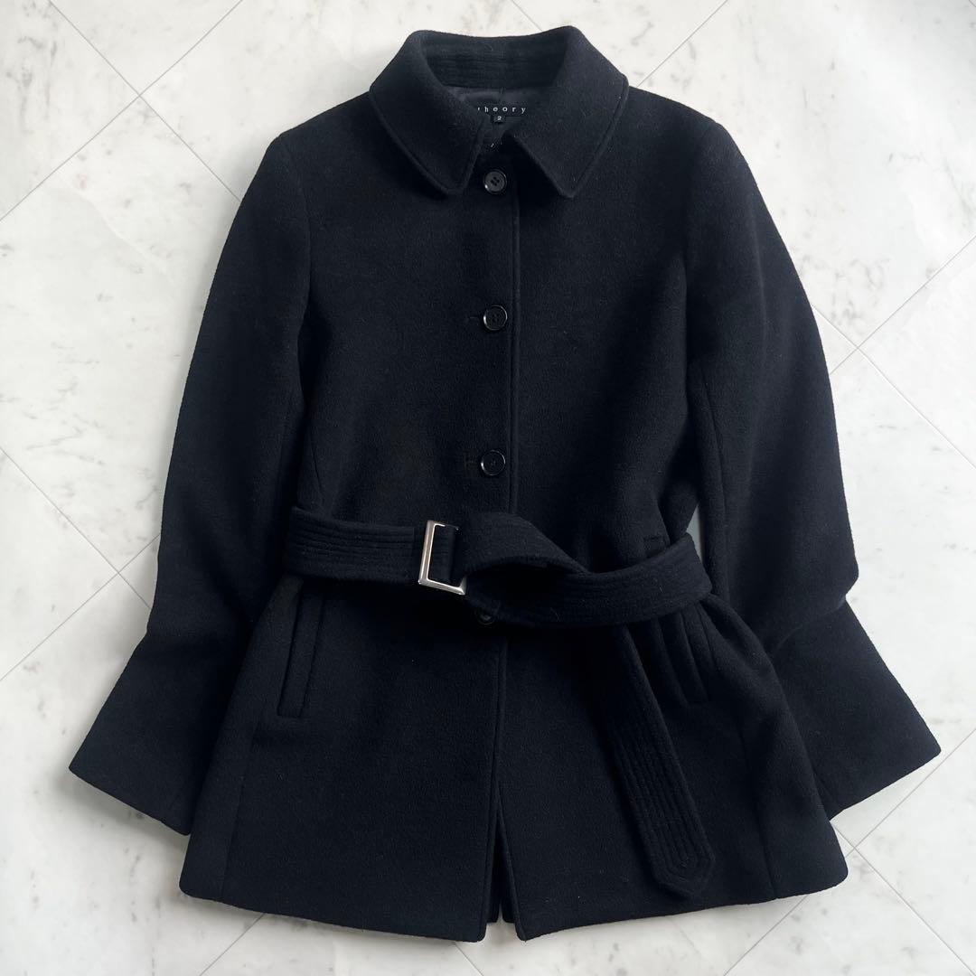 Theory セオリー カシミヤ ショート丈コート 黒 ベルト Aライン M
