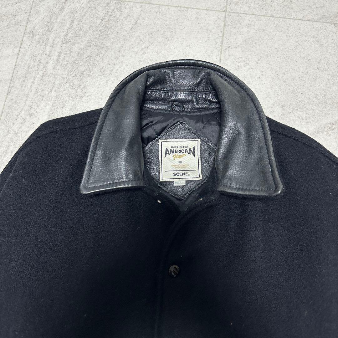 【SCENE】スタジャン レザー ヴィンテージ 牛革 バックロゴ ブラック M
