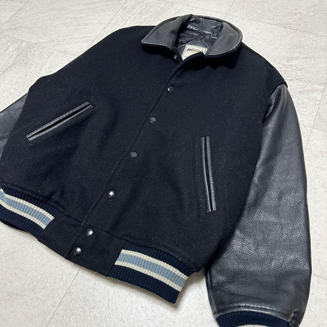 【SCENE】スタジャン レザー ヴィンテージ 牛革 バックロゴ ブラック M