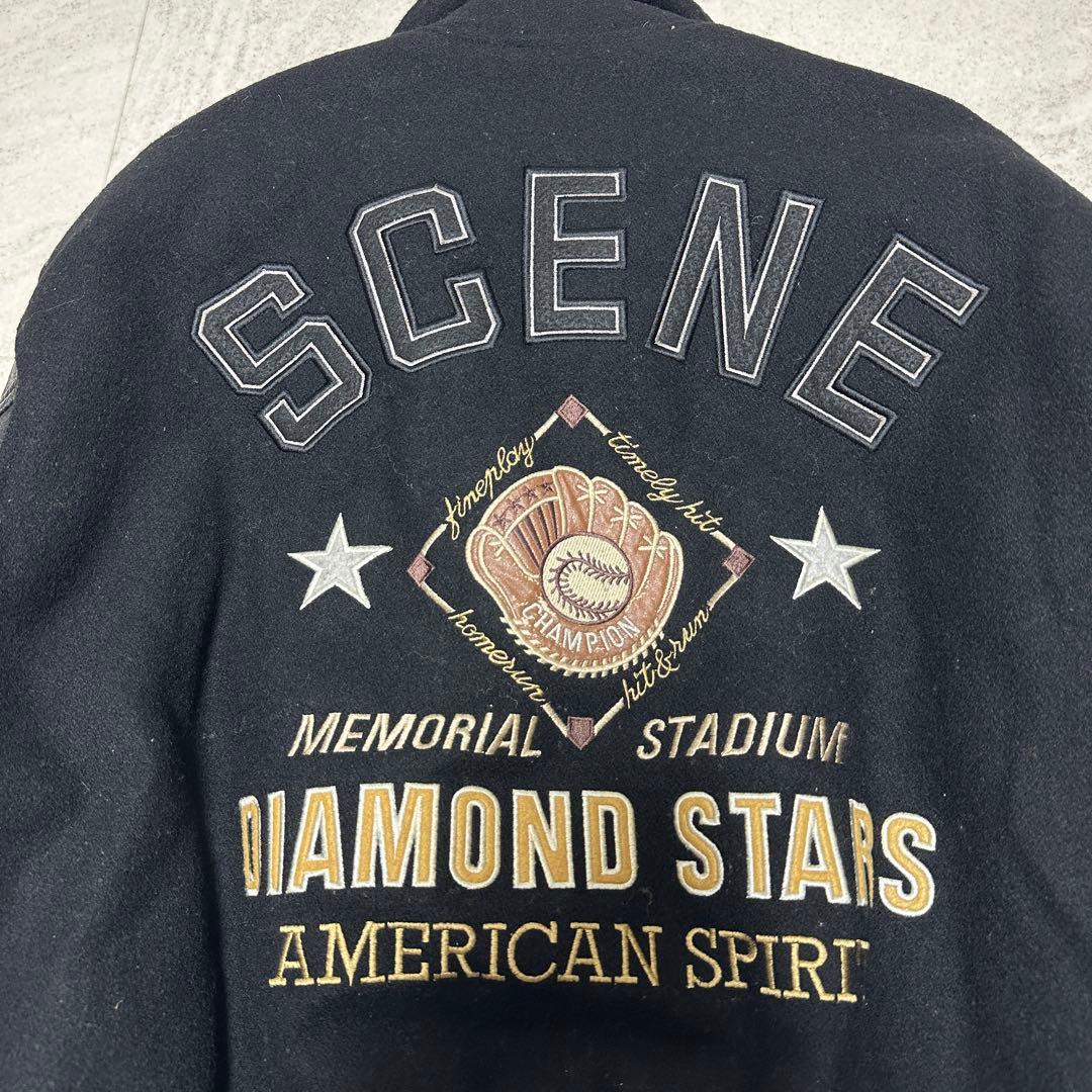 【SCENE】スタジャン レザー ヴィンテージ 牛革 バックロゴ ブラック M