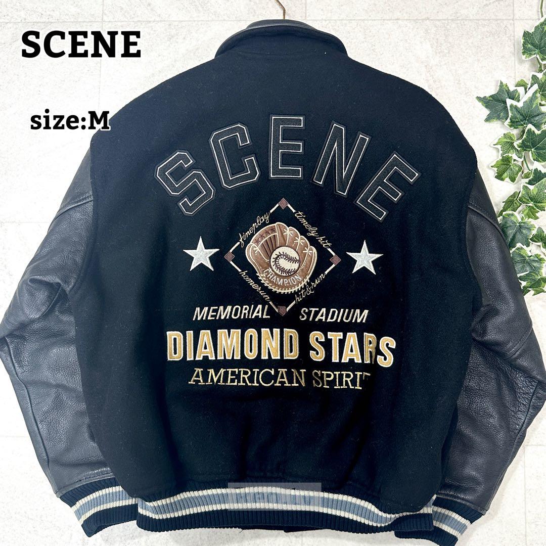 【SCENE】スタジャン レザー ヴィンテージ 牛革 バックロゴ ブラック M