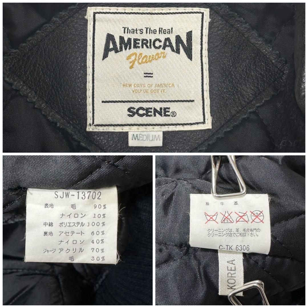 【SCENE】スタジャン レザー ヴィンテージ 牛革 バックロゴ ブラック M