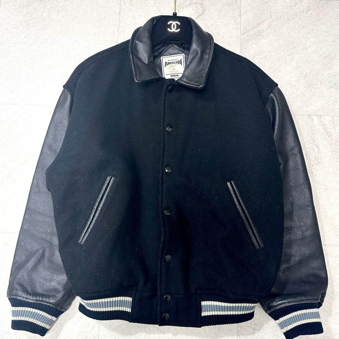 【SCENE】スタジャン レザー ヴィンテージ 牛革 バックロゴ ブラック M