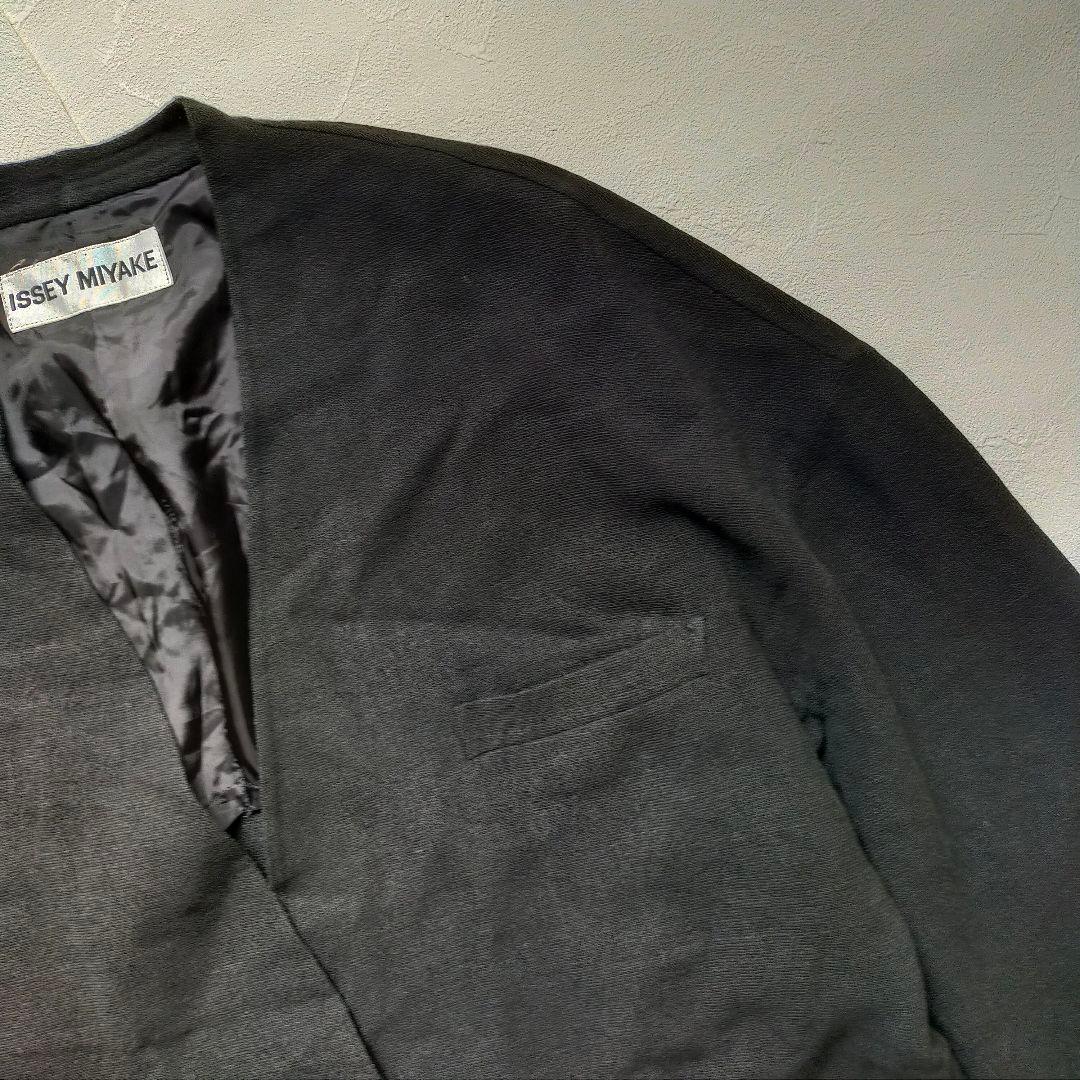イッセイミヤケ　ノーカラージャケット　ブラック　ウール　リネン　日本製