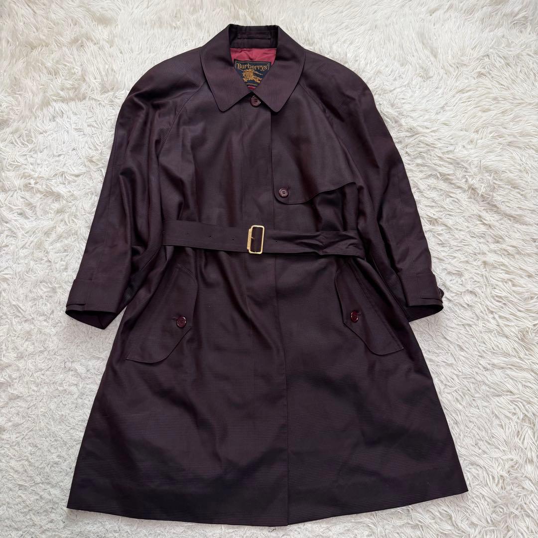 希少極美品　バーバリー　トレンチコート　金タグ　チェック総柄　ボルドー裏地　絹