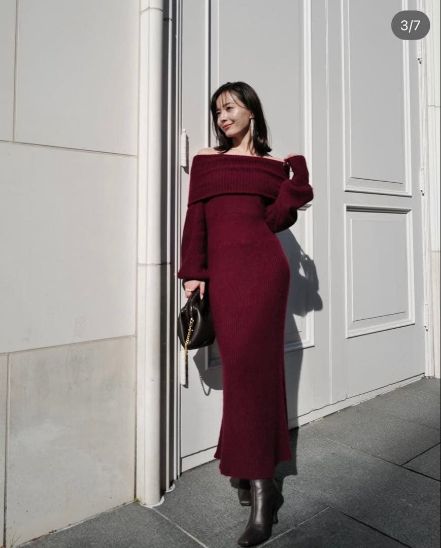 anuans オフショルナローニットワンピース(BORDEAUX)