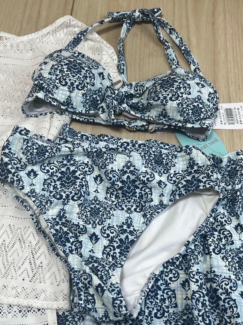 未使用　アラベスク柄セットアップ水着　4点セット　ブルー　体型カバー