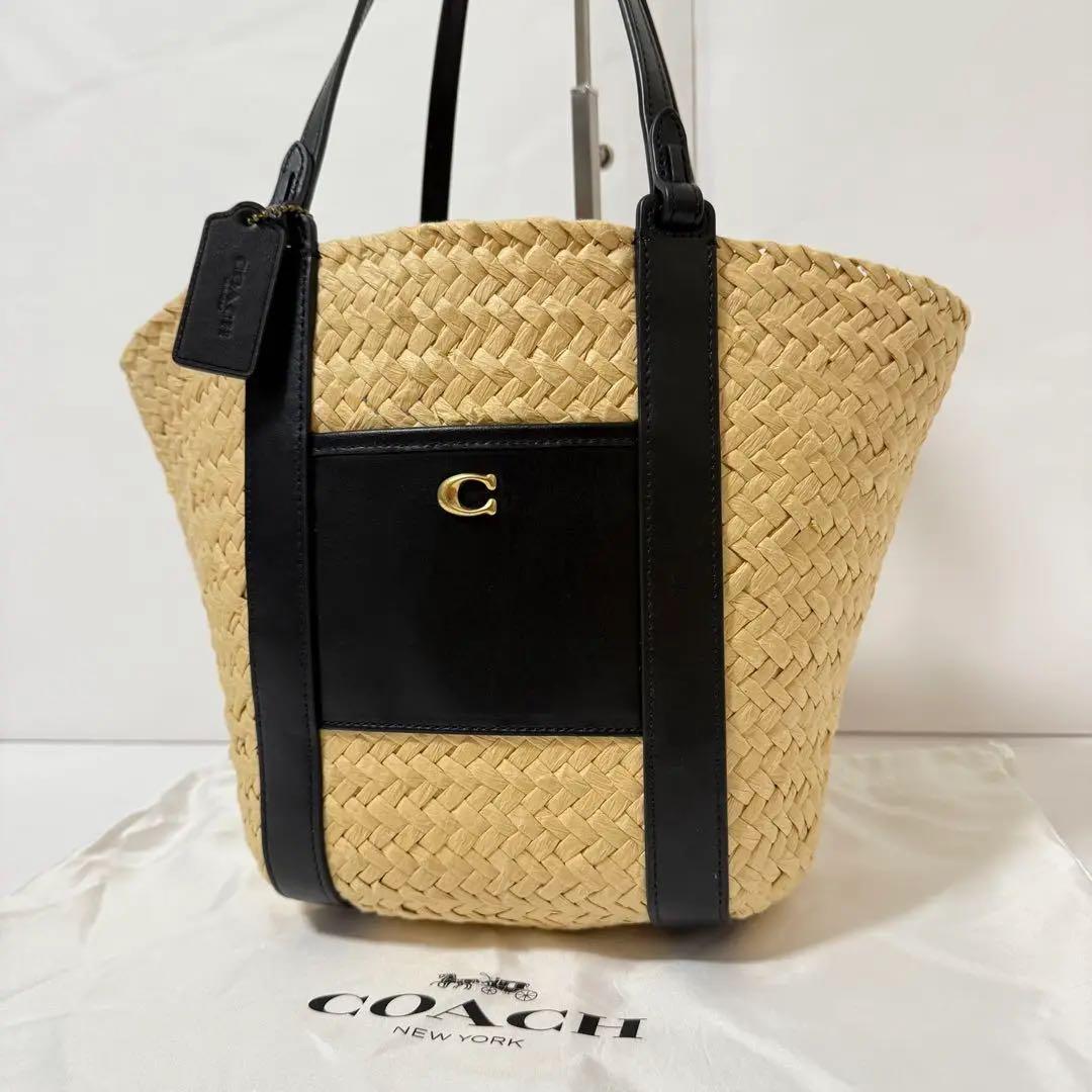 コーチ かごバッグ C金具 肩掛け可能 ストロー×レザー ブラック