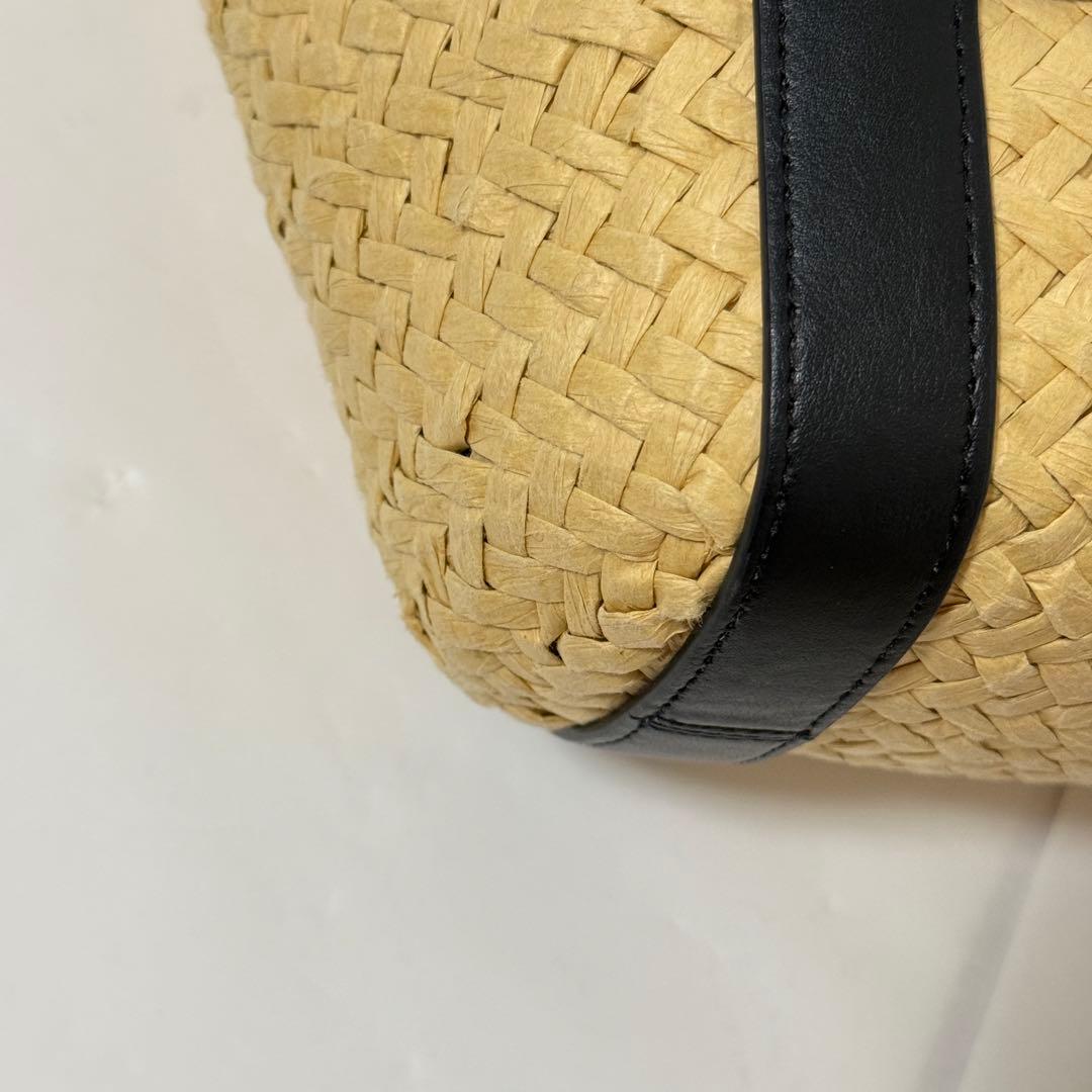 コーチ かごバッグ C金具 肩掛け可能 ストロー×レザー ブラック