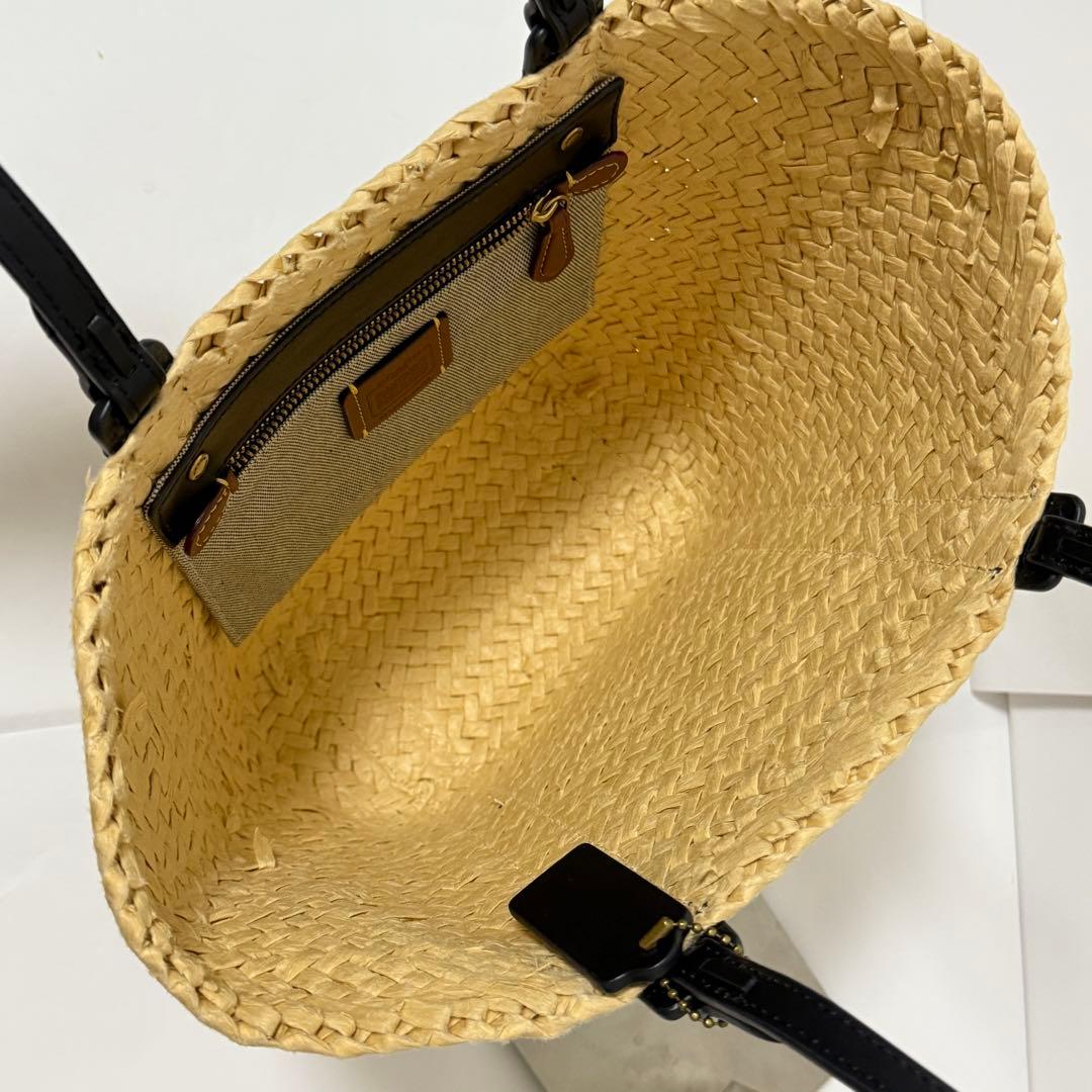 コーチ かごバッグ C金具 肩掛け可能 ストロー×レザー ブラック