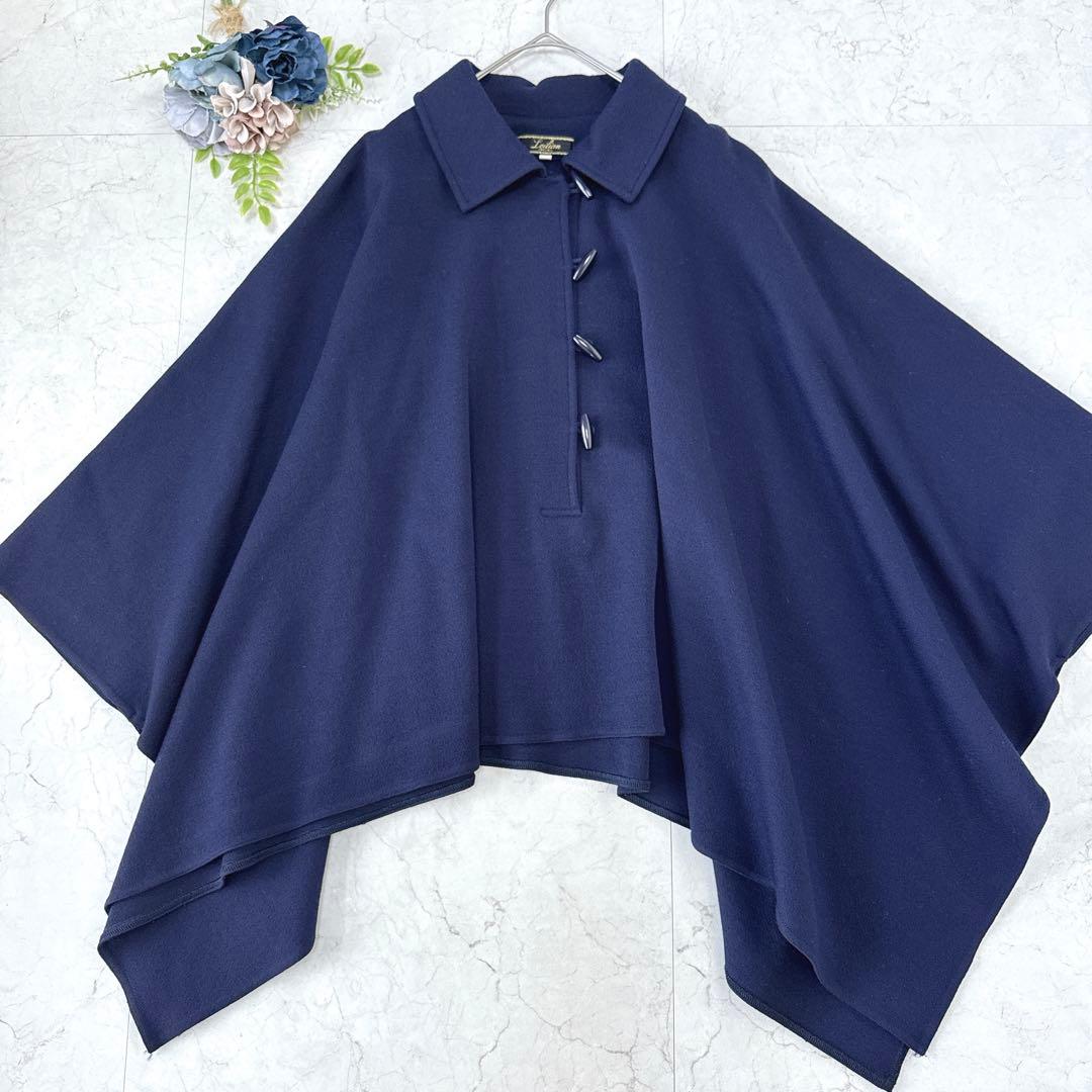 美品☆Leilian レリアン　大きいサイズ13号　ポンチョコート　濃紺　ウール