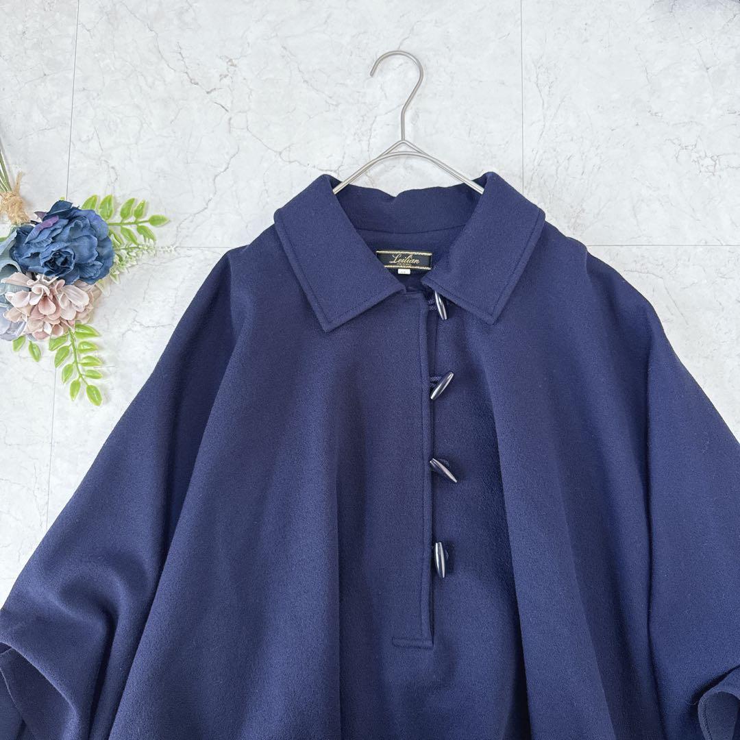 美品☆Leilian レリアン　大きいサイズ13号　ポンチョコート　濃紺　ウール