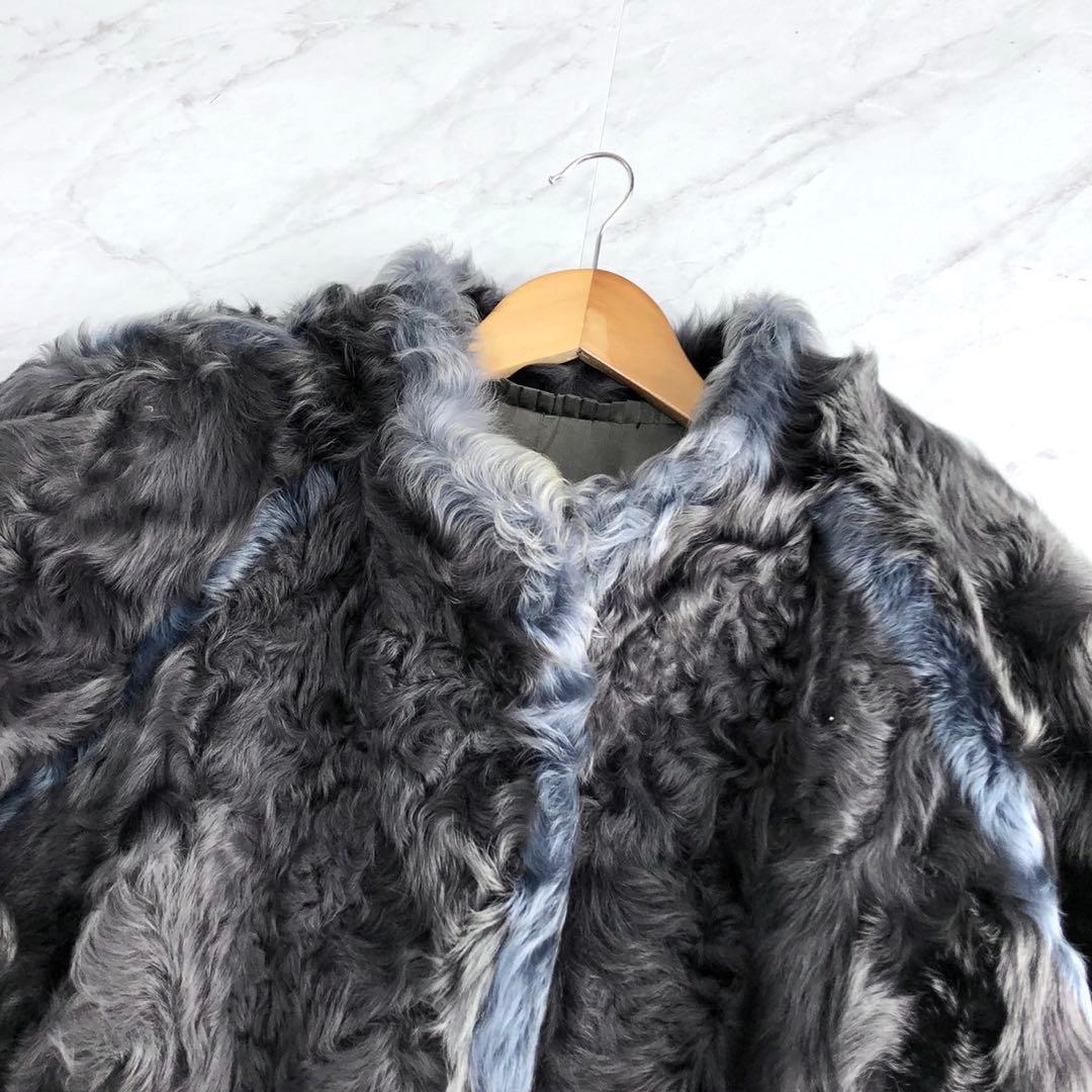 CHEVAREINE カルガンラム 羊毛皮 リアルファーコート グレー×ブルー系