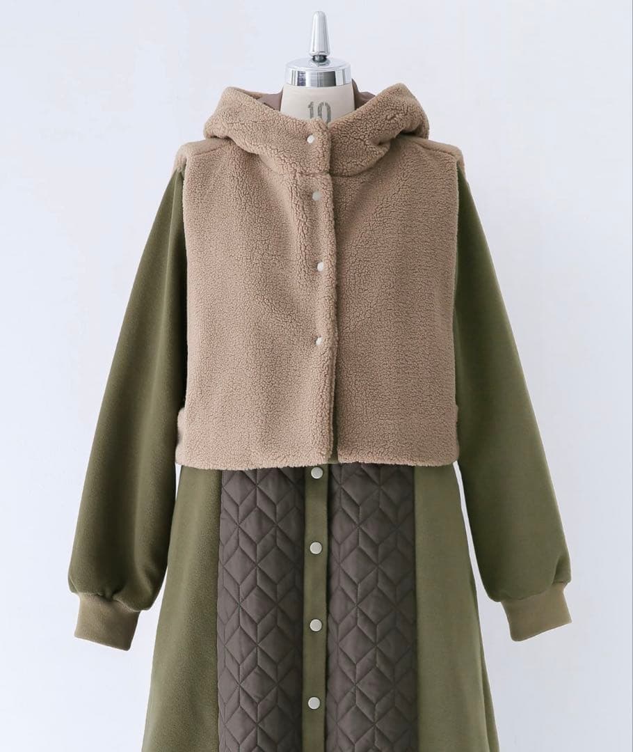 【新品】大きいサイズ 廃盤 コハク 異素材キルティングコート&ボアベストセット