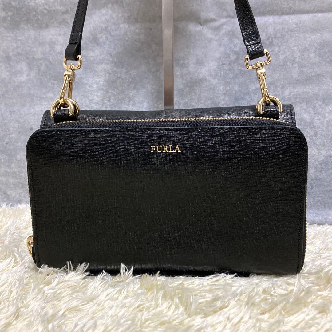 【極美品】フルラ ウォレットショルダーバッグ レザー ブラック リーヴァ