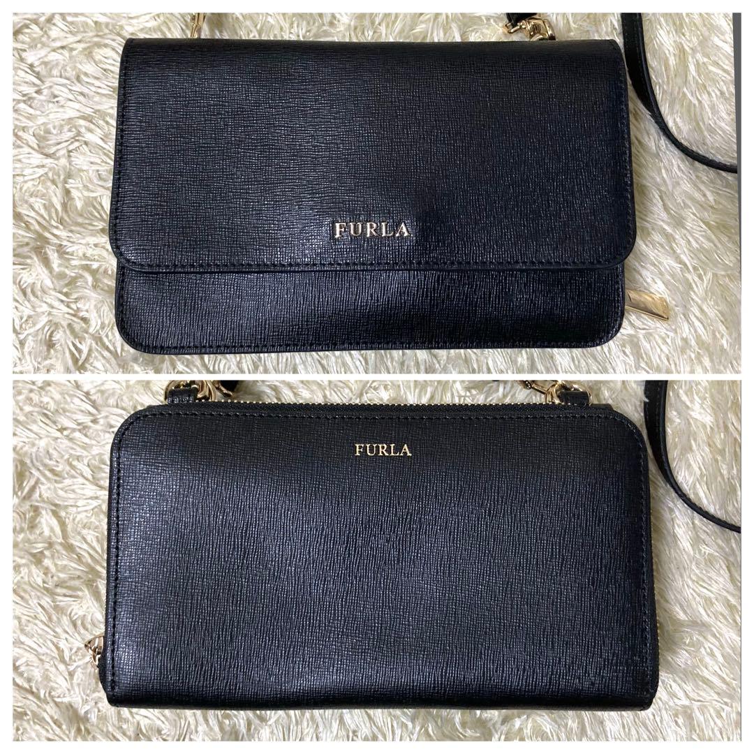 【極美品】フルラ ウォレットショルダーバッグ レザー ブラック リーヴァ