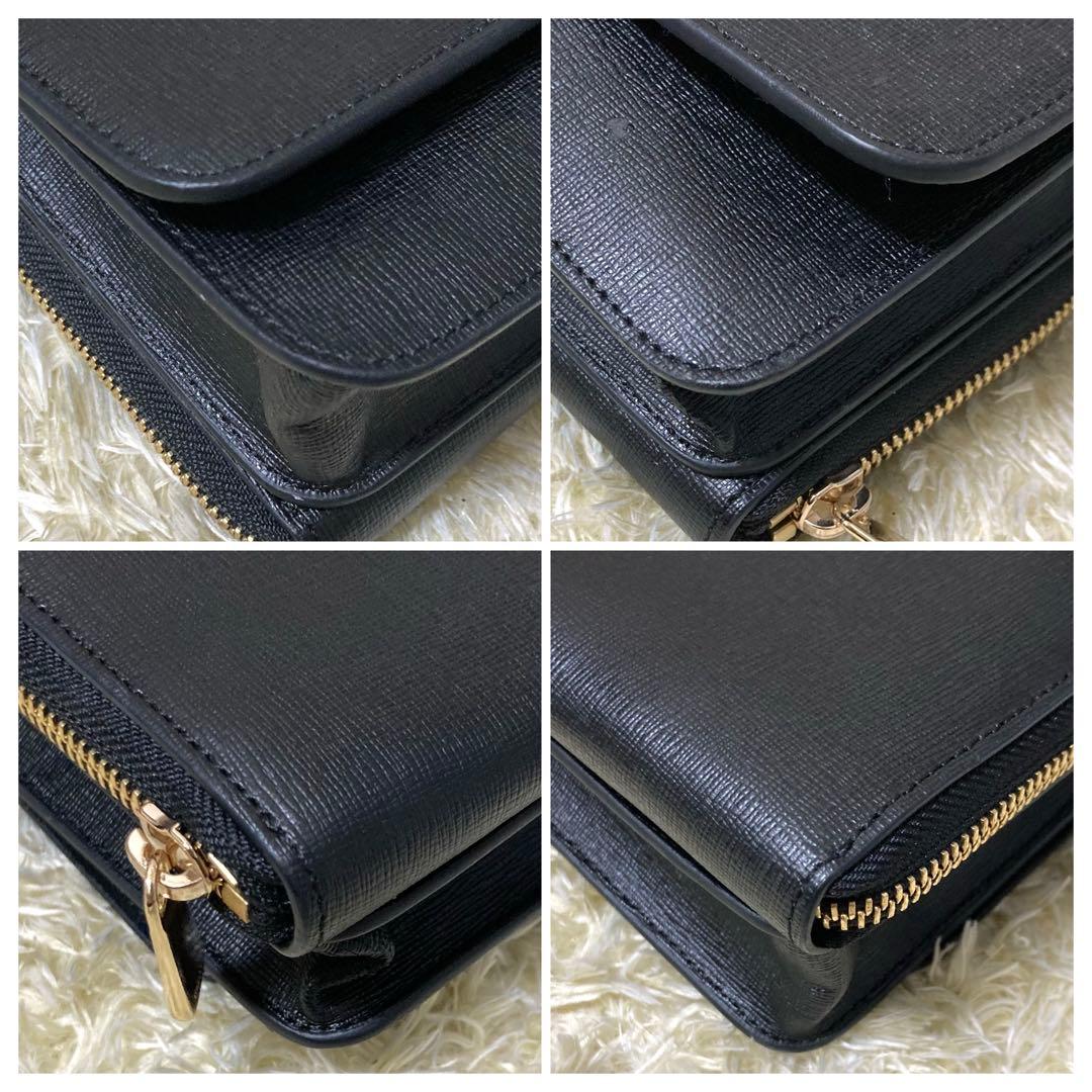 【極美品】フルラ ウォレットショルダーバッグ レザー ブラック リーヴァ