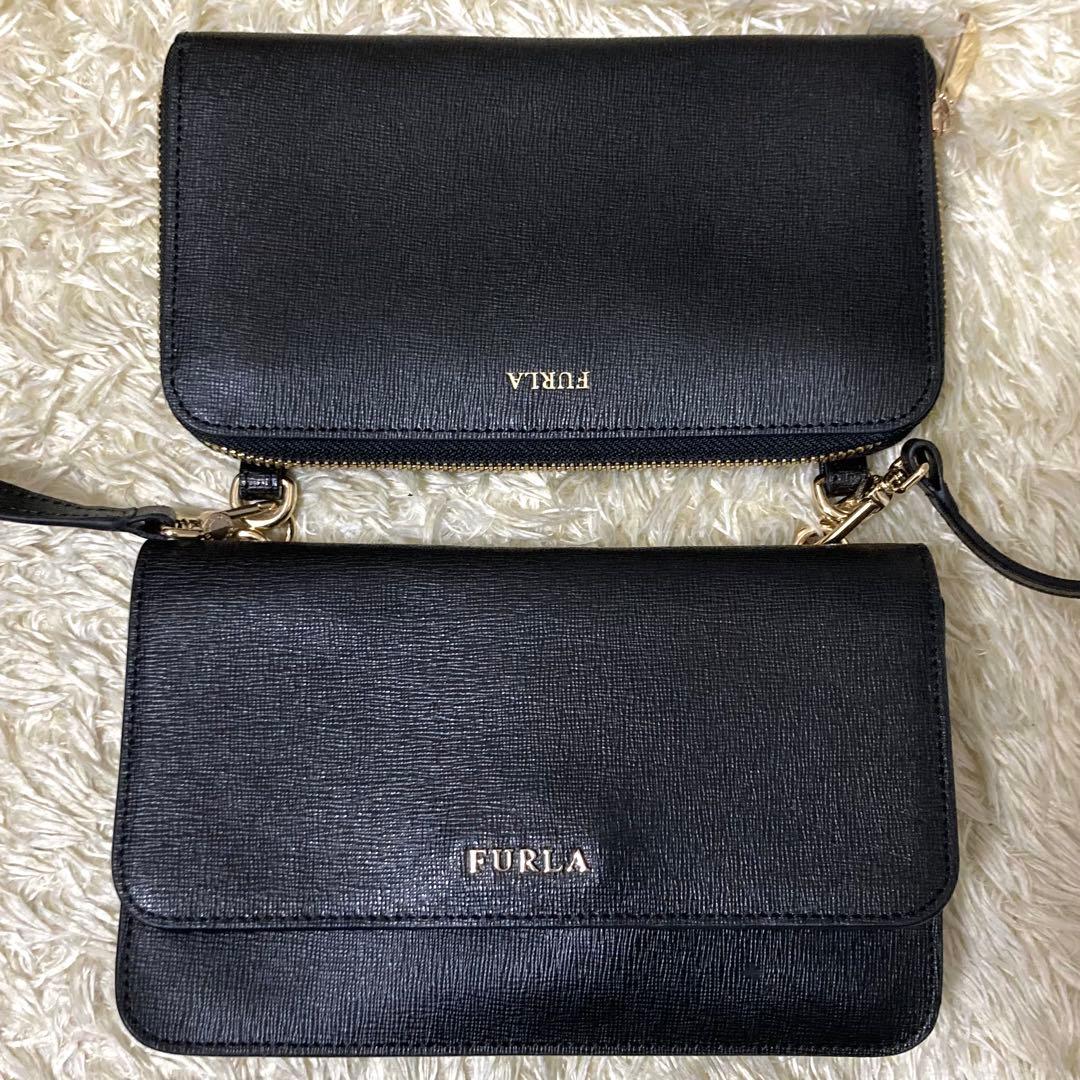 【極美品】フルラ ウォレットショルダーバッグ レザー ブラック リーヴァ