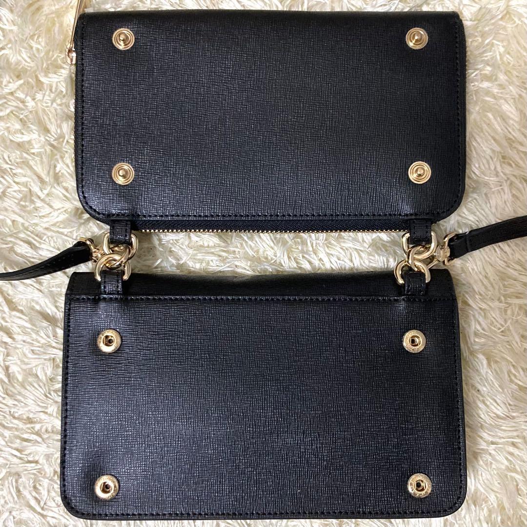 【極美品】フルラ ウォレットショルダーバッグ レザー ブラック リーヴァ