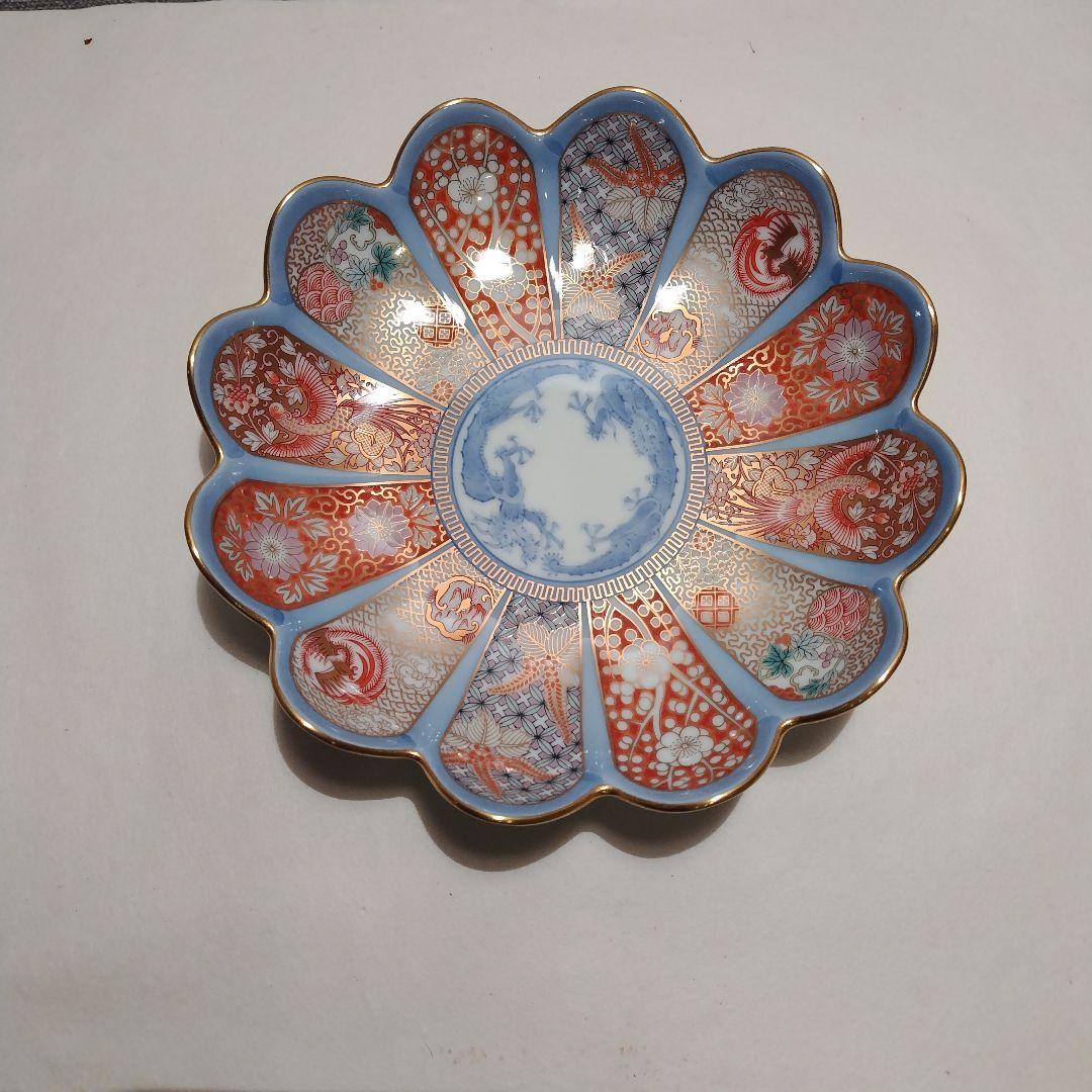 深川製磁　染錦金彩鳳凰 菊割中皿