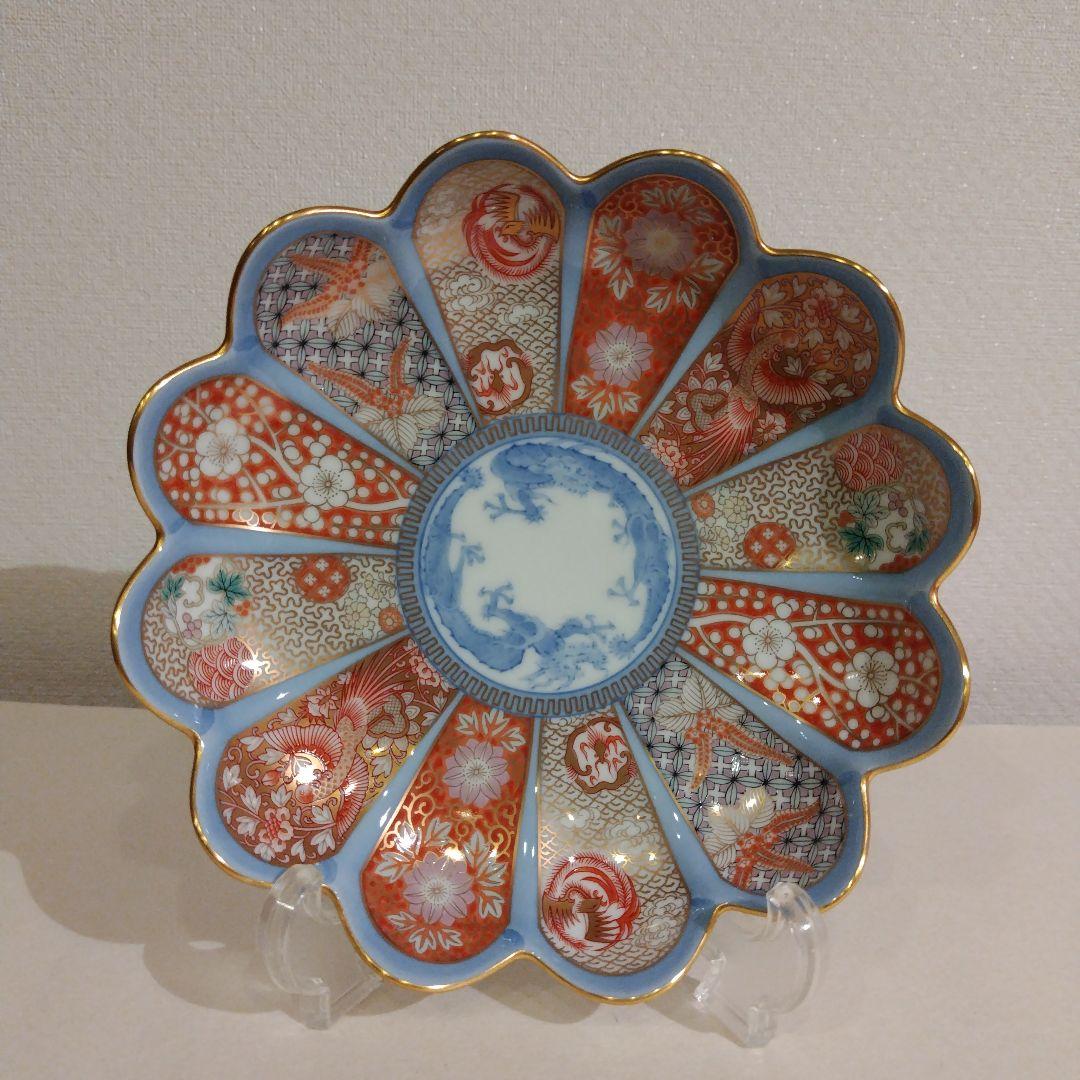 深川製磁　染錦金彩鳳凰 菊割中皿