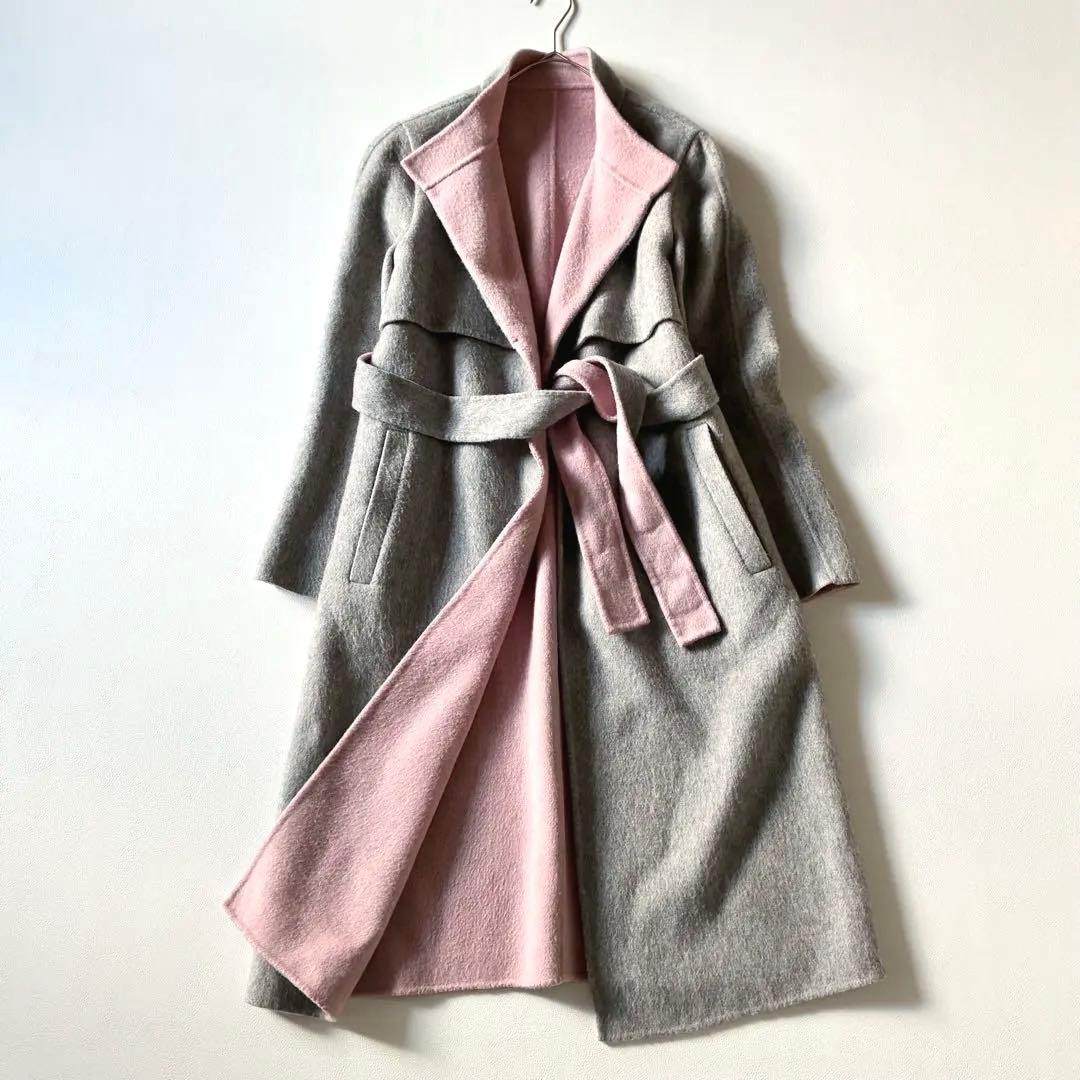 ANAYI　アナイ　近年モデル　ウールリバーコート　ガウンコート　グレーxピンク