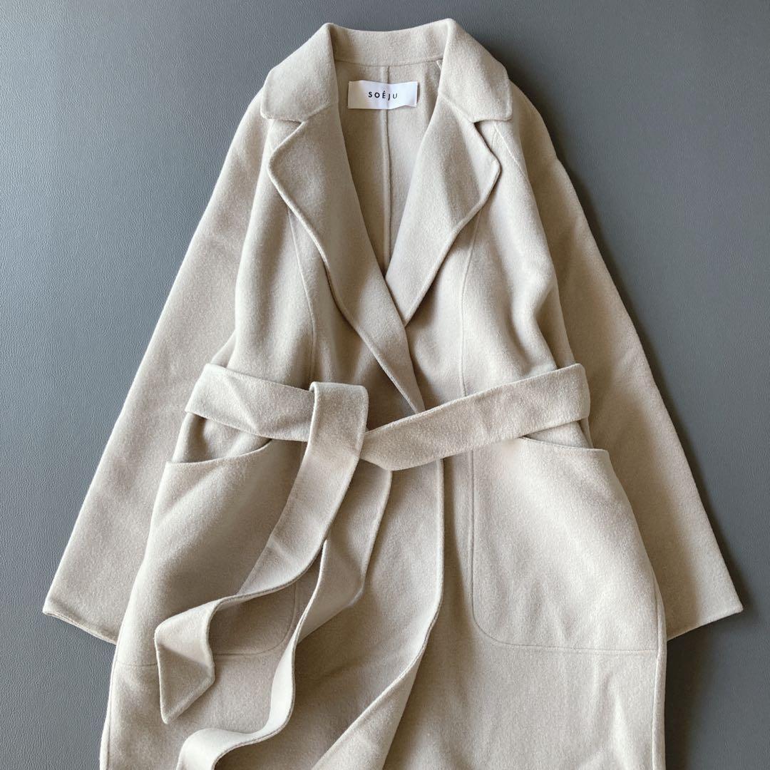s*a様 ソージュ　ウールリバーローブコート　ロング　ベルト付き　グレージュ　S