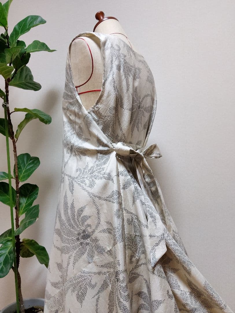 着物リメイク☆紬フレアーワンピース☆正絹ストールリボン2本付き☆