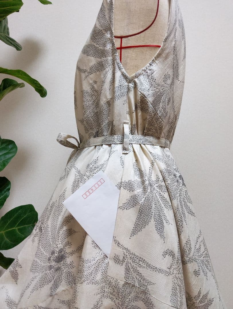 着物リメイク☆紬フレアーワンピース☆正絹ストールリボン2本付き☆