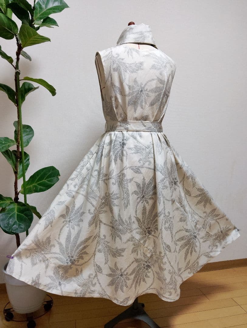 着物リメイク☆紬フレアーワンピース☆正絹ストールリボン2本付き☆