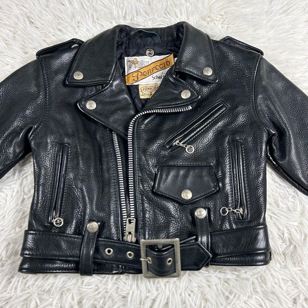 美品 ショット レザーダブルライダースジャケット 黒 牛革 キッズM アメリカ製
