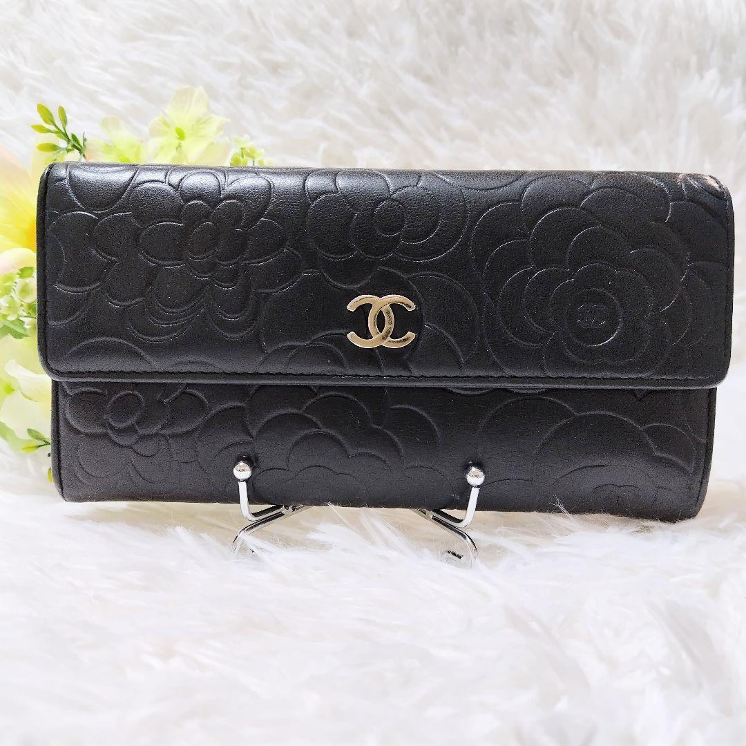 レア美品✨シャネル◇カメリアエンボスフラップ長財布シルバー金具ココマーク黒グレー