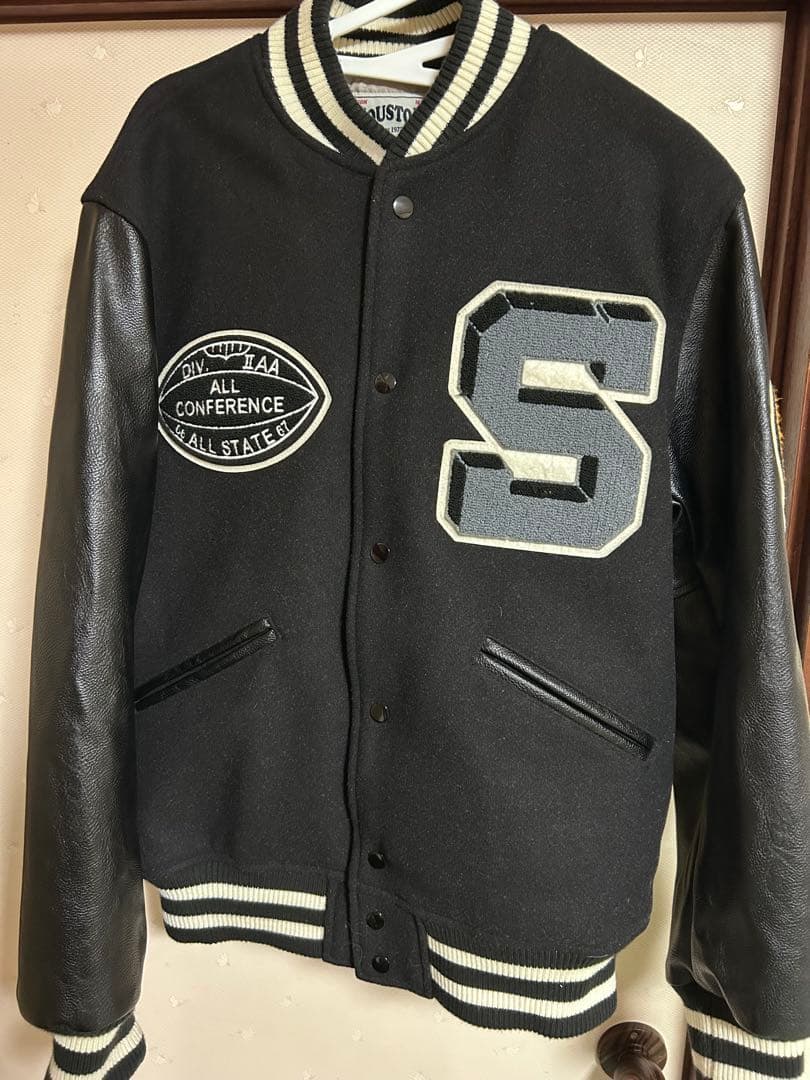 HOUSTON スタジャン L 刺繍 ワッペン レザー袖 ブラック