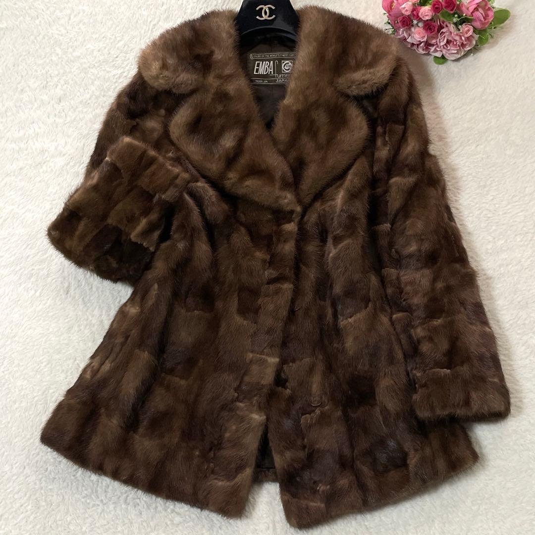 美品◎EMBA ミンク ファーコート 毛皮 リアルファー ブラウン系 L相当