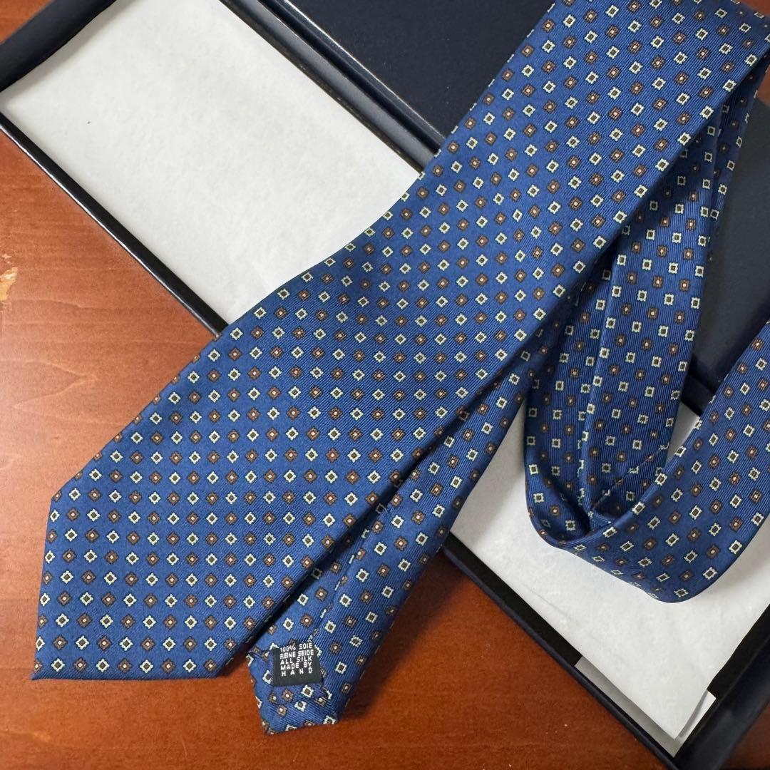 未使用 E.Marinella シルクプリント小紋タイ ネクタイ ネイビー