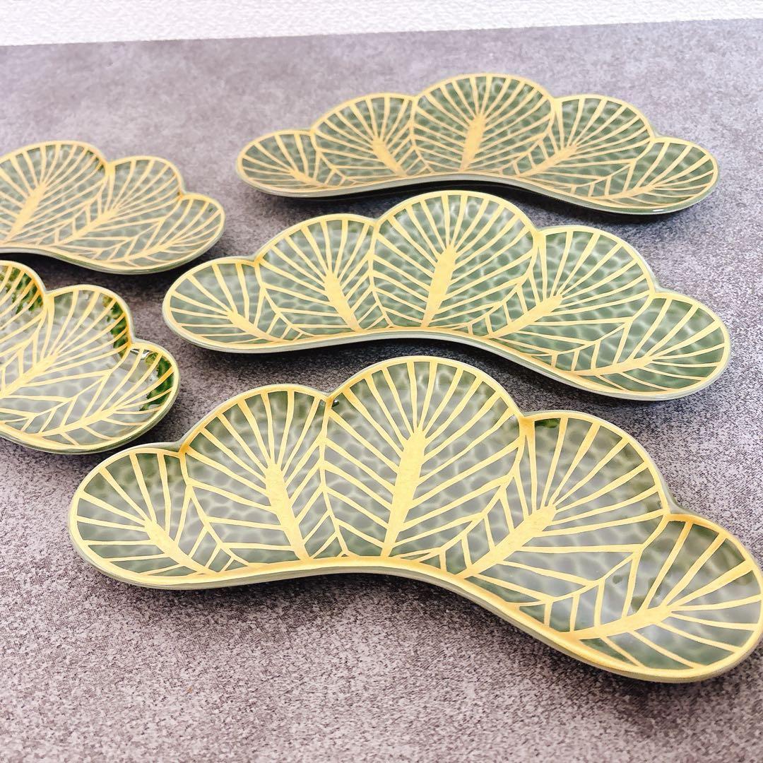 aya＊aya様ご依頼品　有田焼　幸楽窯　錦金松葉形前菜皿　茶緑金　5点セット