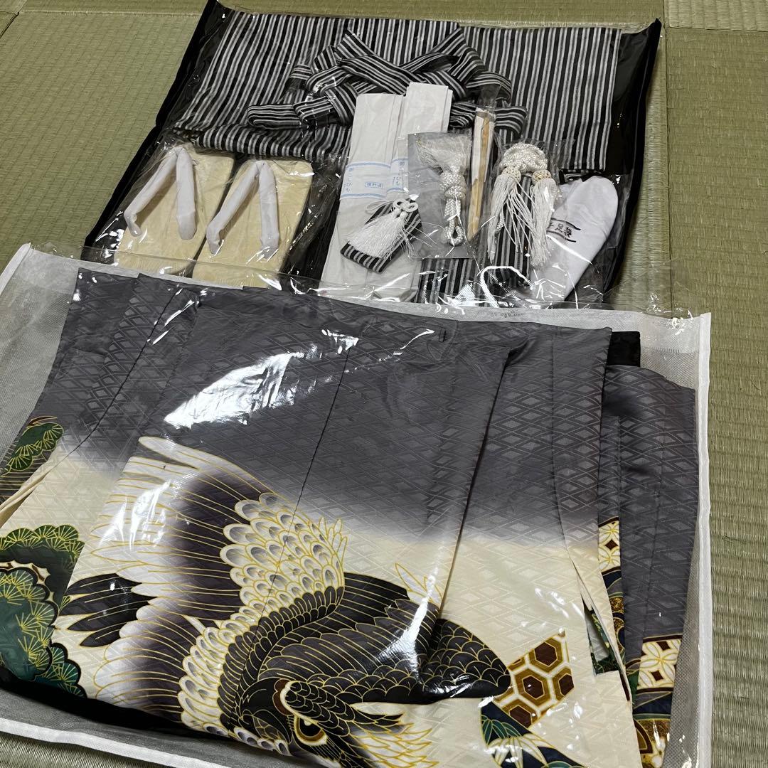 【美品】七五三 男の子 袴 12点フルセット 鷹柄 羽織袴 高級感 グレー系